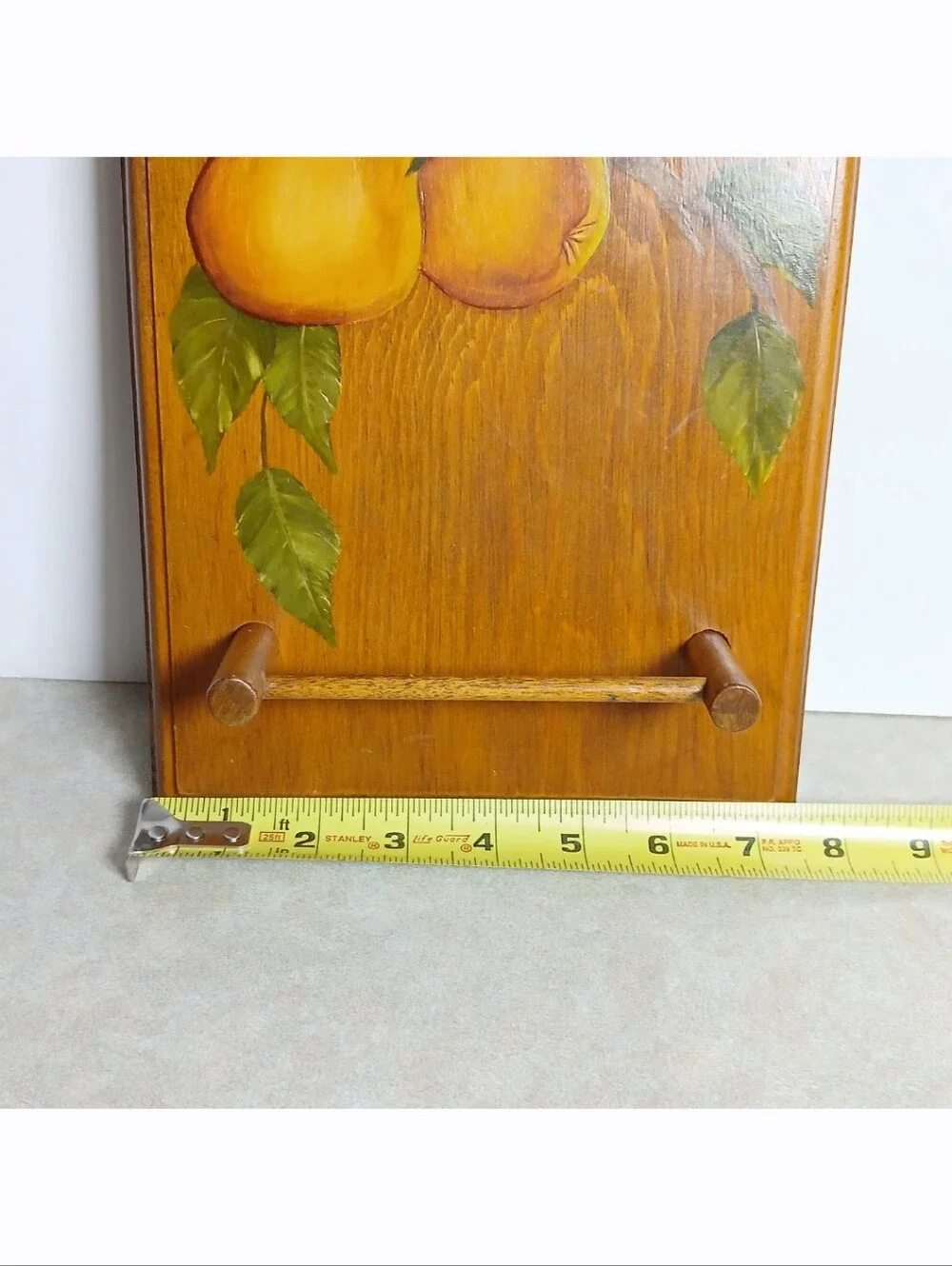 Vintage Folk Art Towel Holder Pear Painting Wood Cottagecore Wall Decor Plaque